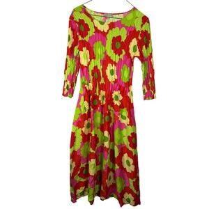 Alquema Plisse Accordion Pleat Women Midi Dress Red Green Floral Polyester
